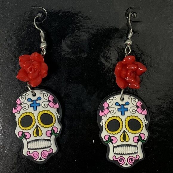 NEW White Day of the Dead Sugar Skull Drop Earrings - Picture 3 of 8